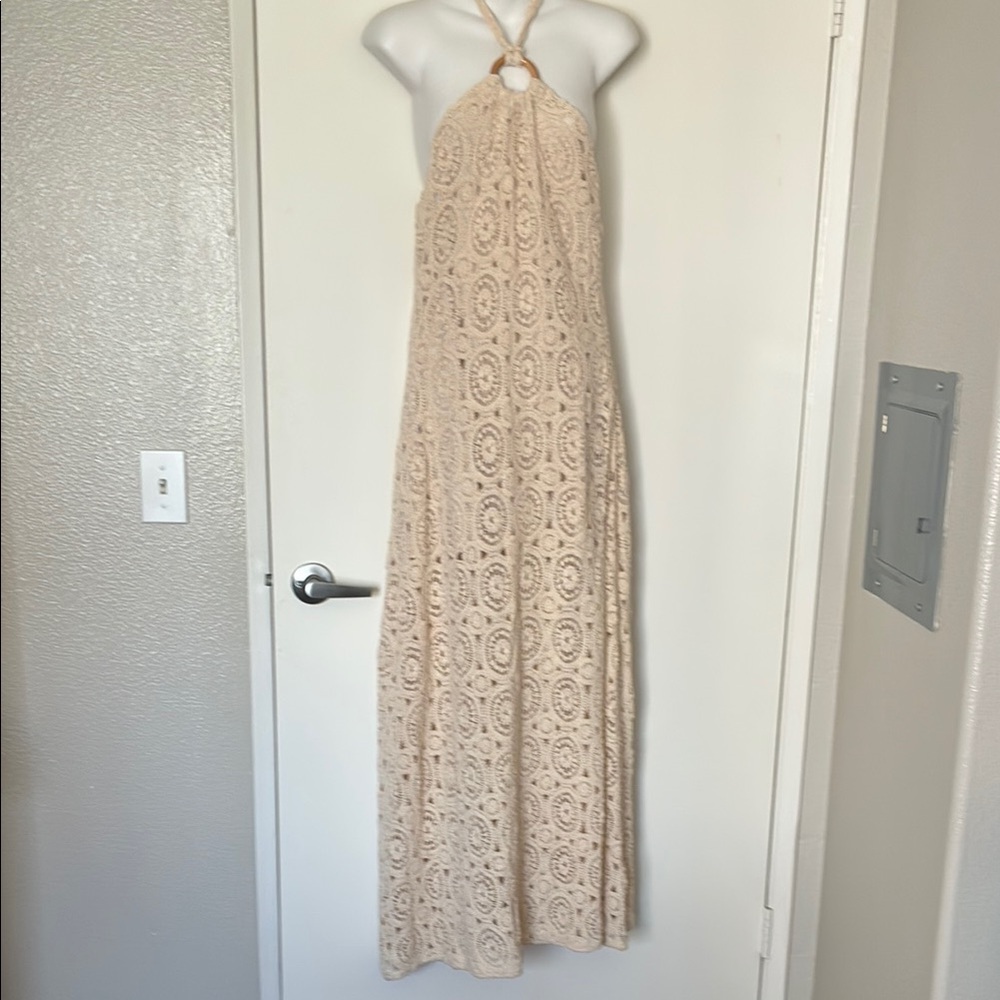 Elexiay Cream Crochet Halter Maxi Dress